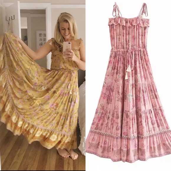 Dresses & Skirts - Bohemian Floral Print Maxi Dress Pink yellow